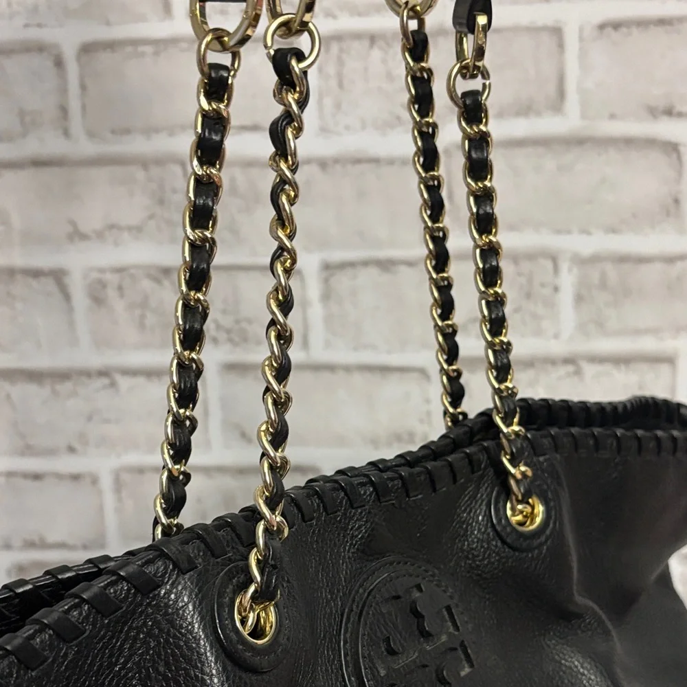 LIKE NEW Tory Burch Black Pebbled Leather Tote with Gold Chain - Picture 6 of 15